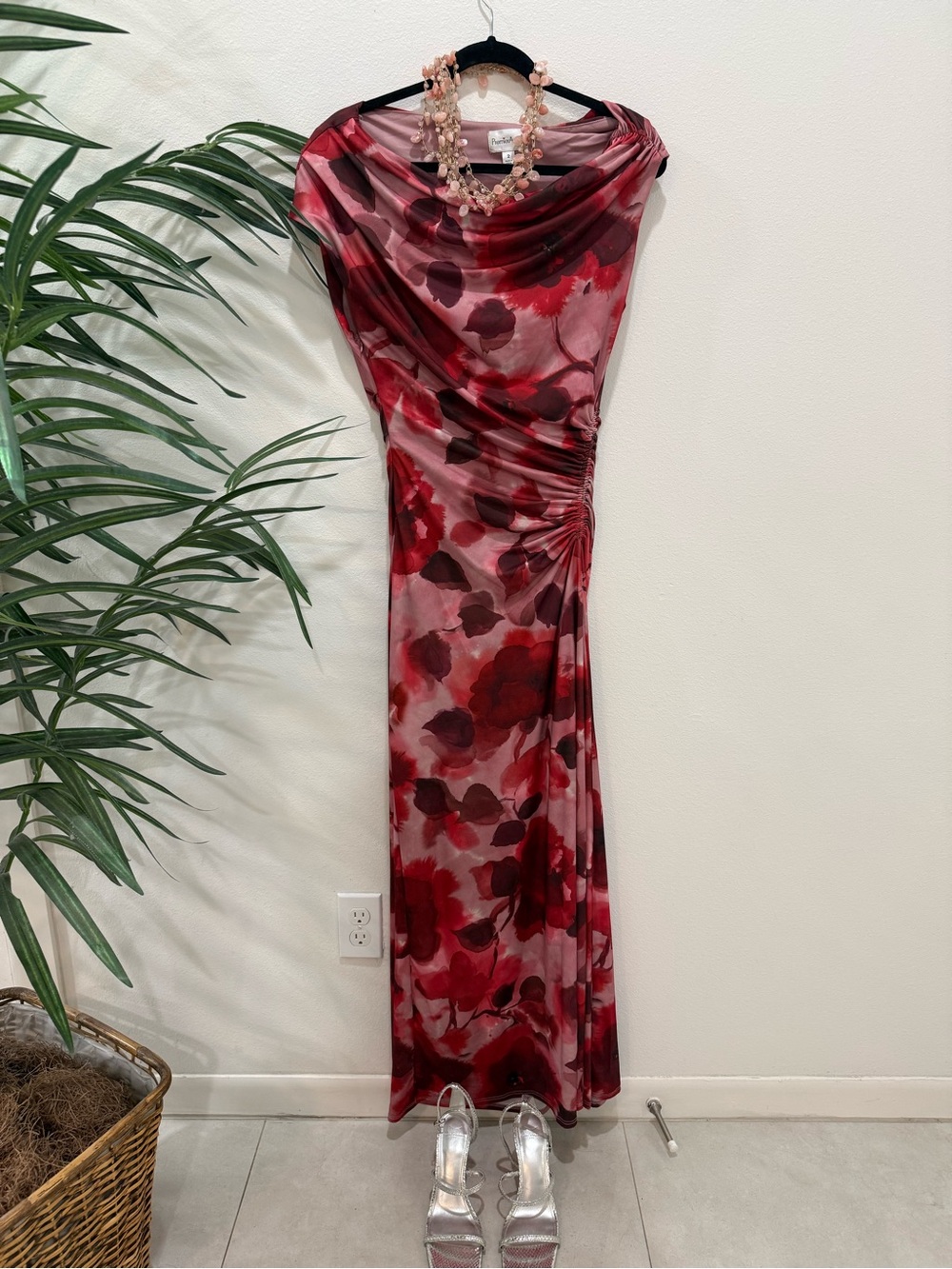 Red Floral Maxi Dress with Draped Neckline